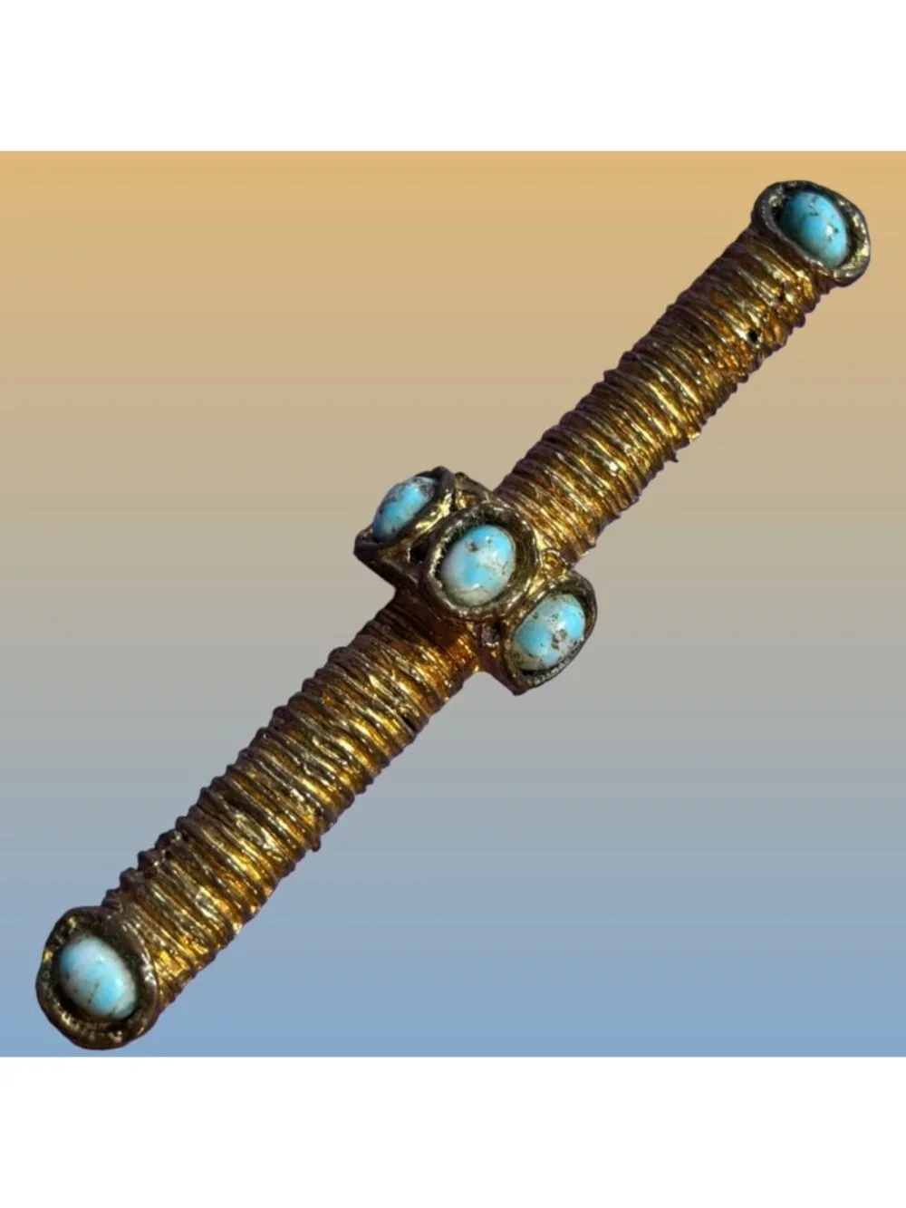Gold Tone Turquoise Cabochons Rope-Like Texture Brooch Bar Pin Statement Vintage